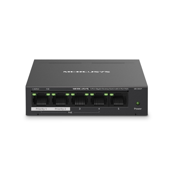 Mercusys Switch PoE - MS105GP (5 port 1Gbps; 4 af/at PoE+ port; 65W; 250m; fém ház)