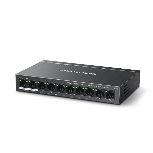 Mercusys Switch PoE - MS110P (10 port 100Mbps; 8 af/at PoE+ port; 65W; 250m; fém ház)