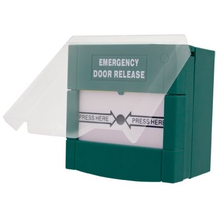 ABK-900RA vésznyitó, műanyag, zöld, 2 A /30 V DC, 86 x 86 x 57 mm, benyomható műanyaggal