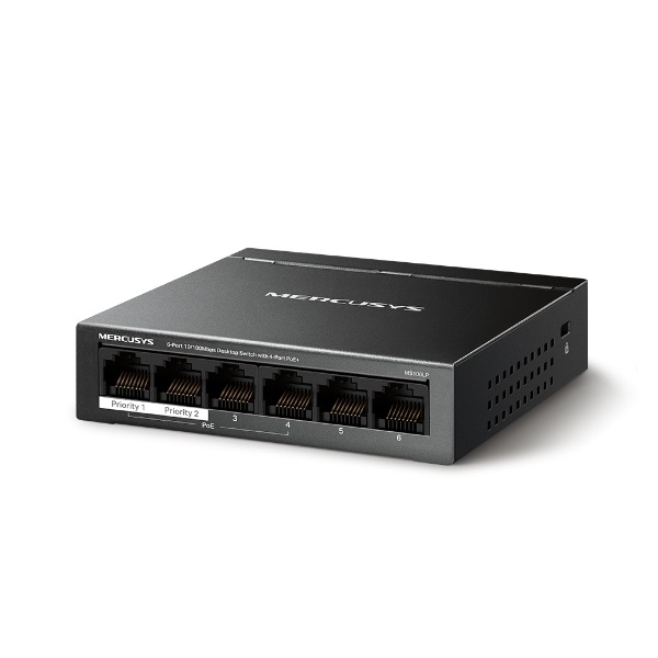 Mercusys Switch PoE - MS106LP (6 port 100Mbps; 4 af/at PoE+ port; 40W; 250m; fém ház)